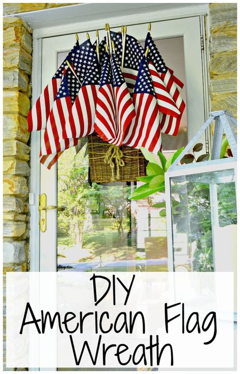 How to make an American flag wreath to display for Memorial Day and Fourth of July holidays. So easy to put together in minutes. #flagdisplay #flagwreath #fourthofjulydecor #memorialdaydecor #patrioticfrontdoordecor #flagfrontdoordecor