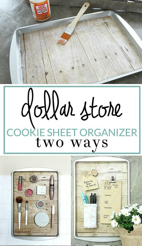 Transform a simple Dollar Store cookie sheet into a handy magnetic organizer with a few simple supplies. Use this DIY organizing solution anywhere in your house! Cookie Sheet Organizer, Sheet Organizer, Diy Organizing, Magnetic Organizer, Diy Home Decor For Apartments, Diy Organizer, Dollar Store Hacks, Dollar Tree Decor, Diy Simple