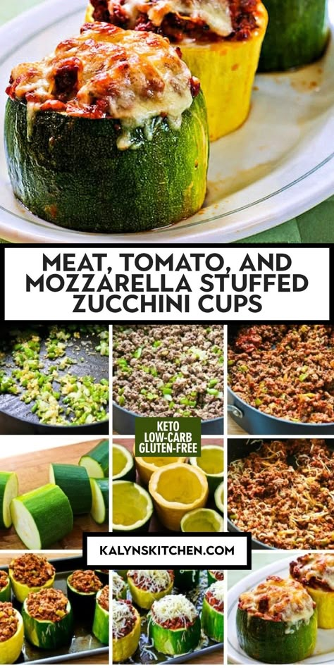 "Pinterest Image of MEAT, TOMATO, AND MOZZERELLA STUFFED ZUCCHINI CUPS showing zucchini cups on serving platter topped with cheese and nine photos of recipe ingredients in various stages of preparation." Zucchini Cups, Gluten Free Meat, Tomato And Mozzarella, Stuffed Zucchini, South Beach Diet, Phase One, Think Food, Garden Recipes, Squash Recipes