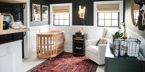 Rock-'n-Roll nursery theme Rock Music Nursery, 90s Theme Nursery, Punk Nursery Ideas, Punk Rock Nursery Ideas, Rock Nursery Theme, Edgy Nursery Ideas, Punk Rock Nursery, Rock And Roll Nursery Theme, Edgy Nursery