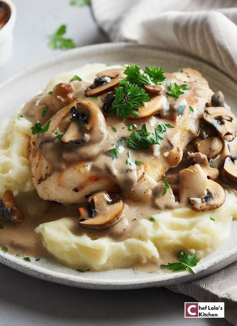 Creamy Chicken And Mashed Potatoes, Chicken And Mashed Potatoes, Meal Aesthetic, Mushroom Chicken Recipe, Chicken Mashed Potatoes, Creamy Mushroom Chicken, Over Mashed Potatoes, Crock Pot Potatoes, Italian Cuisine Recipe