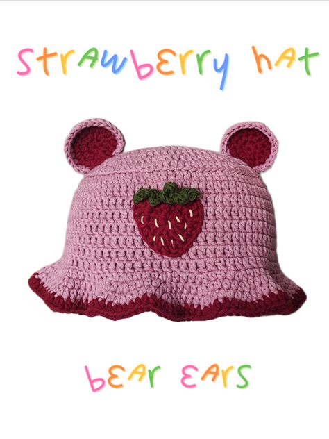 #buckethat #bear #crochet #summer #festival #cute #kawaii #handmade #aesthetic Strawberry Bucket Hat Crochet, Strawberry Cow Bucket Hat Crochet, Crochet Bucket Hat With Ears, Crochet Strawberry Bucket Hat, Hat With Horns, Strawberry Bucket Hat, My Melody Bucket Hat Crochet, Spring Pink Crochet Bucket Hat, Cute Bucket Hats