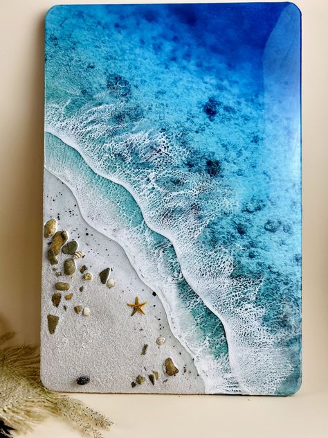 The 3D Epoxy Resin handcrafted ocean wave painting is made from sand, stone, Epoxy Resin, and spice of sea love. Each painting goes through many stages and is paid incredible attention to detail so that each painting is a story and an emotional mark. Resin Ocean Art Diy, Ocean Art Resin, Resin Seascape, Resin Ocean Art, Ocean Resin Art, Resin Art Canvas, Resin Waves, Ocean Wave Painting, Seni Resin