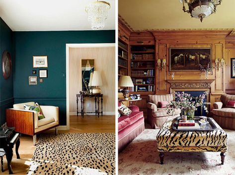 Cheetah print rug and tiger ottoman | How to Decorate with Animal Prints Leopard Area Rug Living Rooms, Tiger Print Living Room, Leopard Rug Living Room Decor, Cheetah Print Rug Living Room, Animal Print Ottoman, Cheetah Rug Living Room, Animal Print Rug Living Room, Leopard Rug Living Room, Tiger Print Rug