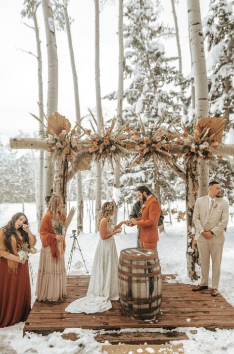 Bohemian Winter Wedding, Boho Wedding Ceremony Arch, Terracotta Color Scheme, Winter Boho Wedding, May Planner, Wedding Planning Help, Bohemian Winter, Boho Wedding Ceremony, Winter Wedding Photos