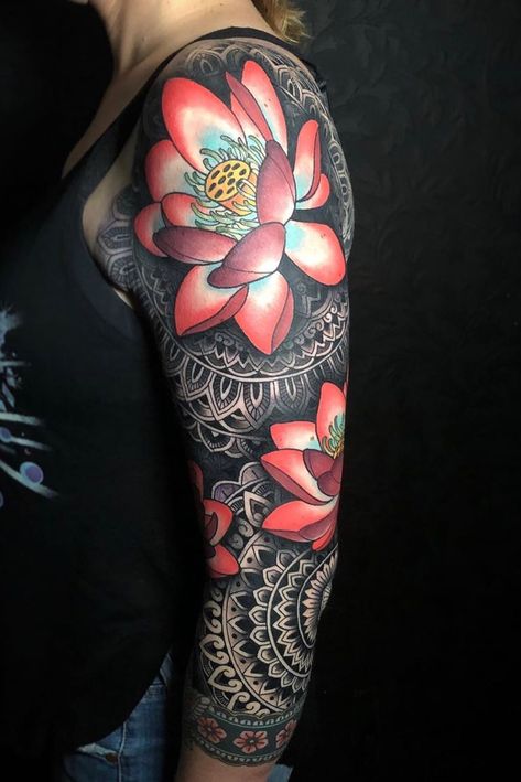 Geometric Sleeve, Floral Tattoo Sleeve, Lotus Flowers, Tattoo Sleeve, A Tattoo, Flower Tattoo, Lotus, Tattoos, Floral