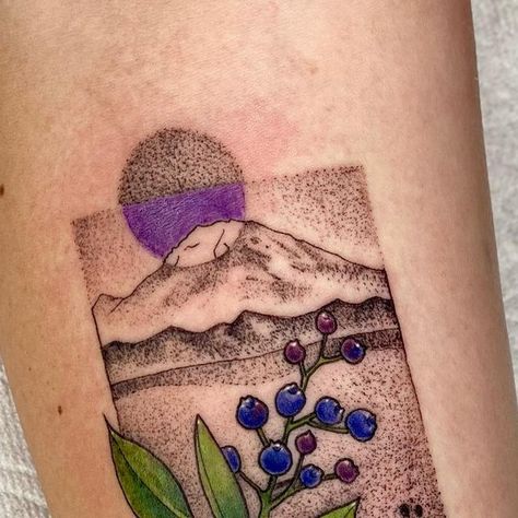 Delan Canclini on Instagram: "huckleberry and Mt. Rainier,  second tattoo from yesterday. Have a great weekend 🍻 🎆 I’m off until Tuesday 🕺 . . . . . . . #huckleberry #huckleberries #huckleberrytattoo #tattoo #mtrainier #mtrainiertattoo #washingtonstate #dotwork #naturescape #landscapetattoo #naturetattoo #mountaintattoo #oregon #corvallis #corvallisoregon #oregontattoo #oregonartist #tattoosnob #where_they_tatt #skinartmag" Mt Katahdin Tattoo, Naturescape Tattoo, Mt Rainier Tattoo, Mount Rainier Tattoo, Huckleberry Tattoo, Oregon Tattoo, Pnw Tattoo, Colorado Tattoo, Second Tattoo