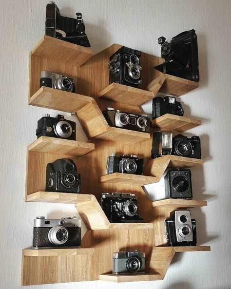 29 Camera Shelf Ideas for the Ultimate Flex in 2023 | Houszed Display Camera Collection, Unique Photo Display Ideas, Camera Display Ideas Shelves, Old Camera Display Ideas, Display Old Cameras, Camera Shelf Display, Things To Collect Ideas, Office Wall Shelf Ideas, Apartment Bay Window