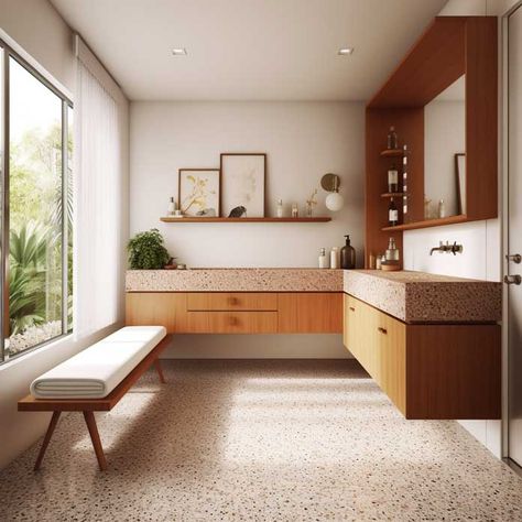 15+ Amazing Mid-Century Bathroom Design Ideas for a Retro Touch • 333+ Inspiring Lifestyle Ideas Terrazzo Bathroom Mid Century, Original Mid Century Bathroom, Mid Century Toilet Design, Weird Bathroom Layout, Mid Century Modern Bathroom Floor Tile, Mid Century Modern Bathroom Remodel, Mid Century Modern Bathrooms, Mid Century Toilet, Mid Century Modern Powder Room