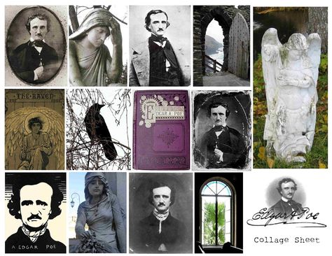 Free Vintage Printable - Edgar Allan Poe Collage {300 dpi}...all FREE printable images Edgar Allen Poe Printables, Edgar Allen Poe Junk Journal, Edgar Allen Poe Free Printable, Free Edgar Allen Poe Printables, Gothic Printables, Fall Ephemera, Journal Printouts, Edgar Allen Poe Art, Poe Boy