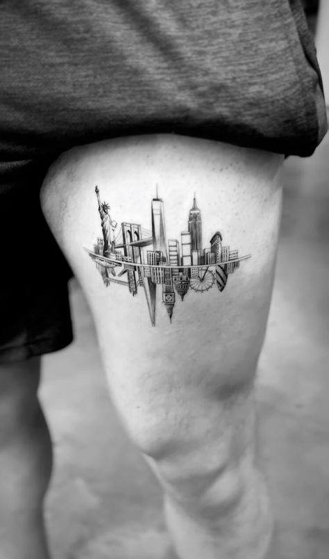 Queens New York Tattoo, San Francisco Skyline Tattoo, City Scape Tattoo, Brooklyn Tattoo Ideas, New York Tattoo Ideas, London Skyline Tattoo, Nyc Skyline Tattoo, View Tattoo, Tattoo New York