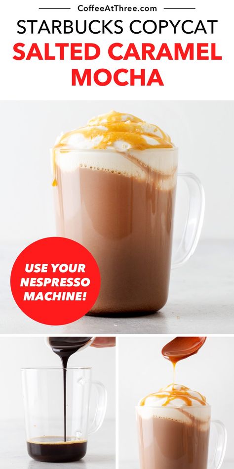 Salted Caramel Mocha - Starbucks Copycat Recipe Mocha Drink Recipe, Starbucks Drink At Home, Starbucks Salted Caramel Mocha, Iced Mocha Recipe, Caramel Hot Chocolate, Homemade Mocha, Mocha Drink, Starbucks Hot Chocolate, Homemade Chocolate Syrup