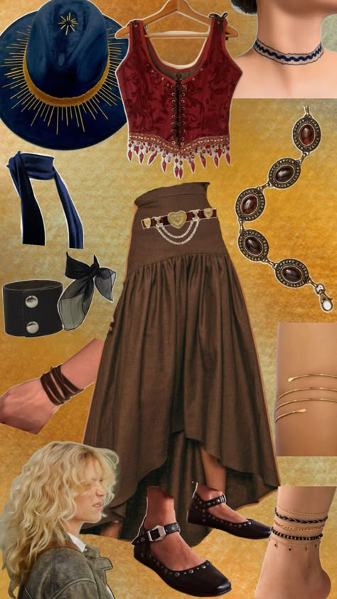 An outfit with a wine colored beaded vest, brown flowy skirt, black studded ballet flats,blond curly hair, blue hat with golden sun details and scarfs Earthy Boho Outfits, Hippie Fashion Aesthetic, Hippie Fits, Boho Fits, Color Outfits, Modern Hippie, 70s Inspired Fashion, Boho Outfit, Witchy Decor