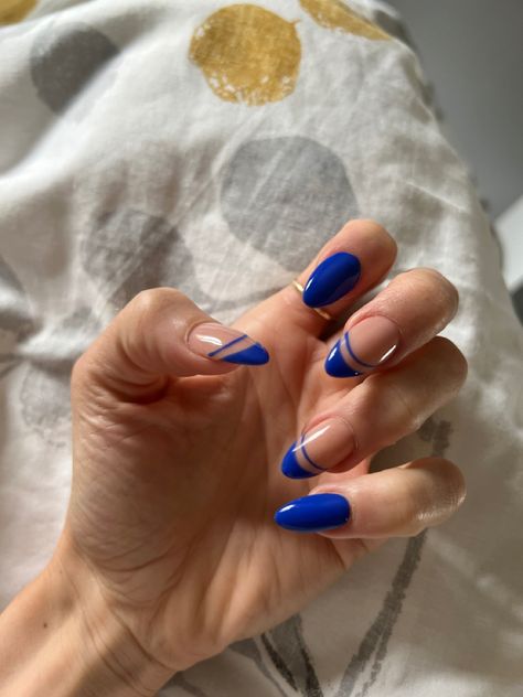 Blue Tone Nails, Royal Blue Acrylic Nails Short Almond, Royal Blue Acrylic Nails For Formal, India Nails Design, Acrylic Nail Designs Royal Blue, Blue Gel Nails Almond, Royal Blue Nails Almond Shape, Royal Blue Almond Nails Design, Nails With Royal Blue