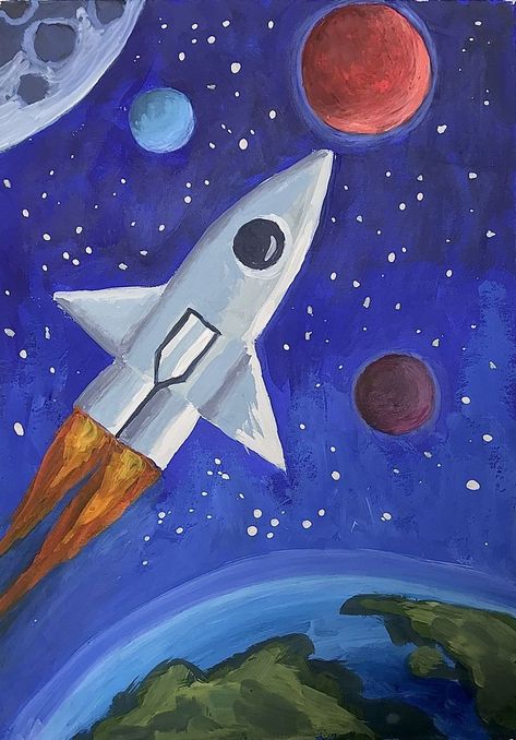 Rocket Ship Painting, Space Ships Drawing, Rocket Drawing, Bedroom Art Painting, Space Art Projects, Nasa Art, Rocket Art, Sunset Canvas Painting, Planet Drawing