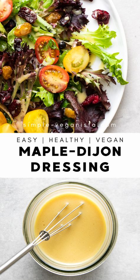 This homemade maple-dijon dressing is quick & easy, using only 4 simple ingredients for a delicious creamy vegan salad dressing you'll want to use on almost everything! #veganrecipes #healthyrecipes #veganrecipe #plantbased Cheese Sauces, Dijon Dressing, Vegan Salad Dressing, Vegan Dressing, Salad Dressing Recipes Homemade, Homemade Salads, Homemade Salad Dressing, Vegan Salad, Salad Dressing Recipes