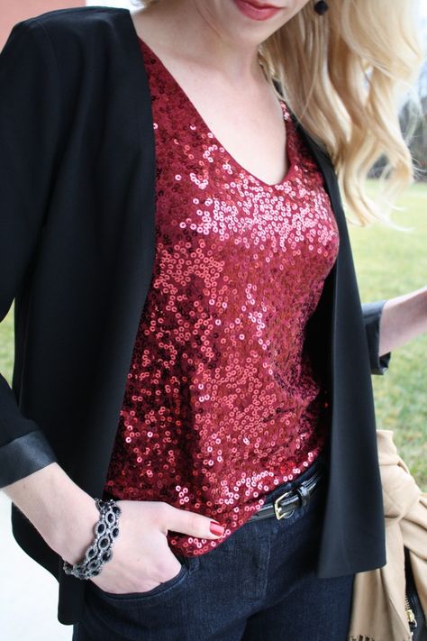 Shine Bright: red sequin tank, leather trim Target blazer, flare jeans, patent leather skinny belt, black jeweled bracelet, holiday sparkle Red Sequin Top Outfit, Sequin Blouse Outfit, Tomorrow Is Christmas, Cami Top Outfit, Outfit Navidad, Sequins Top Outfit, Red Sequin Top, Vintage Sequin Top, Glitter Blouse