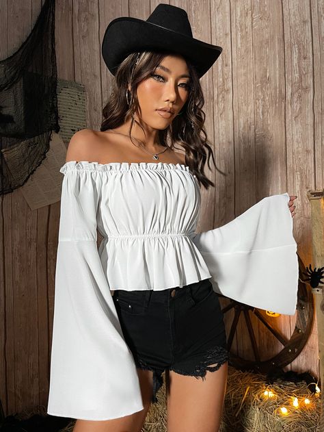 SHEIN X Made in America Off Shoulder Frill Trim Bell Sleeve Peplum Blouse Bell Sleeve Top Outfit, Afro Clothes, Sleeve Top Outfit, Queer Culture, Ruffled Shirt, Bell Sleeve Crop Top, Victorian Vintage, Top Outfit, Peplum Blouse