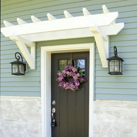 For house without front porch Side Door Pergola, House Without Front Porch, Entryway Pergola Front Entrances, Pergola Above Front Door, Pergola Over Doorway, Front Door Trellis Entrance, Pergola Over Side Door, Pergola Over Back Door, Pergola Over Front Door Entrance