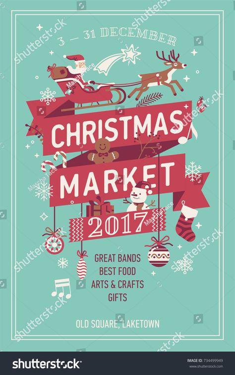 Lovely vector Christmas Market poster template. Xmas fair event advertising banner with Santa Claus, snowman and other o #Ad , #Ad, #template#poster#fair#Xmas Christmas Advertising Design Marketing, Concert Poster Display, Santa Claus On Sleigh, Fair Poster, Christmas Poster Design, Season Decorations, Posters Diy, Christmas Fair Ideas, Concert Poster Design