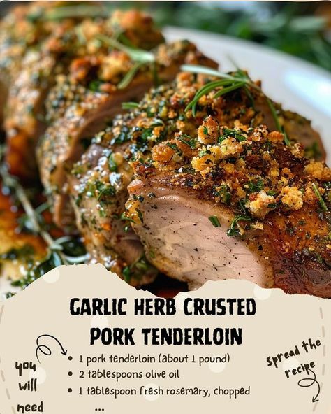 YummyGateway Recipes | Garlic Herb Crusted Pork Tenderloin | Facebook Pork Loin Garlic And Herb, Garlic Pork Tenderloin Recipes, Side Dishes For Pork Tenderloin, Herb Crusted Pork Tenderloin, Herb Pork Loin, Crusted Pork Tenderloin, Rosemary Pork Tenderloin, Cookbook Club, Garlic Balsamic