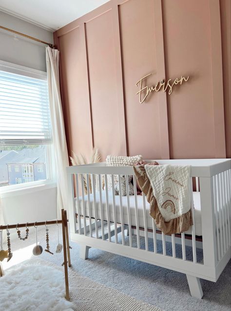 Nursery Room Wall Ideas, Neutral Nursery For Girl, Nursery With Panel Walls, Blush Accent Wall Nursery, Beige Aesthetic Nursery, Board And Batten Full Wall Nursery, Nursery Wall Inspiration, Cabbage Rose Sherwin Williams Nursery, Baby Accent Wall Nursery Ideas