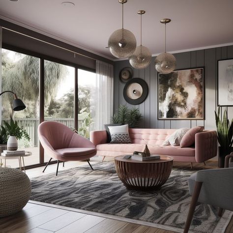 Pink Accent Chairs, Mauve Sofa, Mauve Interior, Sofa Dark Grey, Single Home, House Design Inspiration, Bedroom Interior Design Luxury, Grey Design, Pink Sofa