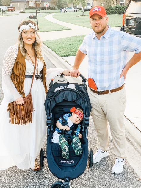 Forest Gump Halloween Costumes, Jenny Forest Gump Outfit, Forest Gump And Lieutenant Dan Costume, Halloween Costumes For Family Of 3 Baby, Halloween Costumes Family Of Three Baby, Couples Costume With Baby, Forest Gump Couple Costume, Family Halloween Costumes With Stroller, Family Costume Ideas With Baby