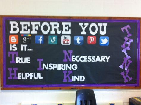 Another Social Media Bulletin Board using the THINK acronym for respectful internet use. Social Media Bulletin Board, Respect Bulletin Boards, Middle School Library Bulletin Boards, Ideas For Bulletin Boards, Computer Lab Decor, School Library Bulletin Boards, School Library Displays, Library Bulletin Board, Middle School Libraries