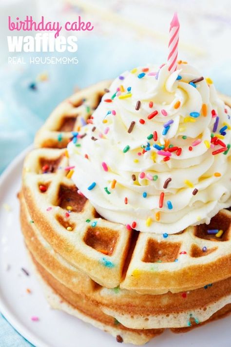 These BIRTHDAY CAKE WAFFLES are a fun way to kick off a day of celebration for that special someone! Made with cake mix, these waffles are an easy and sweet breakfast everyone will love! Birthday Cake Waffles, Easy Birthday Cake Recipes, Cake Waffles, Birthday Breakfast Party, Miss Cake, Breakfast Birthday, Dessert Waffles, New Birthday Cake, Waffle Cake