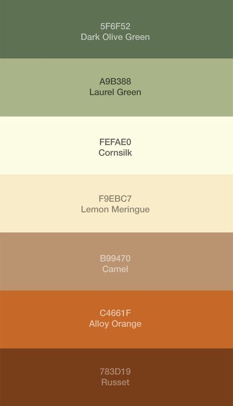 Color Pallet of: Dark Olive Green, Laurel Green, Cornsilk, Lemon Meringue, Camel, Alloy Orange and Russet Color Pallet Earth Tones, Colour Pallets For Living Room, Color Pallets Bedroom, Earth Toned Decor, Earth Tones Color Scheme, Earth Colours Palette, Earthly Tones Palette, Earth Tones Design, Color Pallets Earth Tones