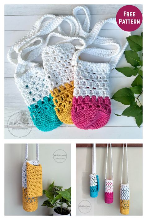 Traveler Water Bottle Holder Free Crochet Pattern Medical Crochet Pattern Free, Crochet Water Bottle Holder Pattern Free, Water Bottle Holder Crochet Pattern, Crochet Water Bottle, Crochet Water Bottle Holder, Pouch Crochet, Bottle Sling, Bottle Cozies, Water Bottle Carrier