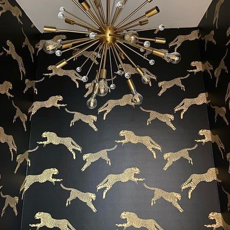 Leaping Leopards from the house Scalamandre scalamandre #leapingleopards #powderroom #homerenovationideas #wallpaper #okcwallpaper Townhouse Foyer, Bathroom Wall Coverings, Animal Print Rooms, Contemporary Restaurant, Cheetah Wallpaper, Dream House Aesthetic, Mural Stencil, Moody Decor, Eclectic Bathroom