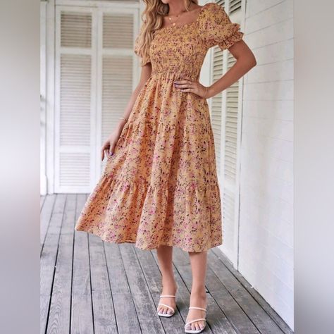 New Boho Floral Puffed Sleeve Tiered Midi Dress * Short Puff Sleeve * On Or Off Shoulder Neckline * Smocked Stretch Tube Top * High Waist * Tiered A Line Skirt * Ruffle Hem * Unlined *Approximate Unstretched Measurements* Small (4) * Bust 27.5" (Up To 35.25") * Waist 25.25"(Up To 27.5") * Length 47" Medium (6) * Bust 29"(Up To 37") * Waist 26.75"(Up To 29") * Length 47.5" Large (8/10) * Bust 31.5" (Up To 39.5") * Waist 29"(Up To 31.5") * Length 48.25" Xl (12) * Bust 34"(Up To 41.75") * Waist 31.5"(Up To 34") * Length 49.25" On Order * Will Ship In Approx 7-10 Days Fabric : Flowy Poly Color : Peach Yellow Pink #Spring Summer Flowy Sundress Sun Dress Fall Straw Hat Festiv Sunday Dresses, Flowy Sundress, Skirt Ruffle, Dress Peach, Short Puff Sleeve, Pink Spring, Tiered Midi Dress, Line Skirt, Bridal Photos