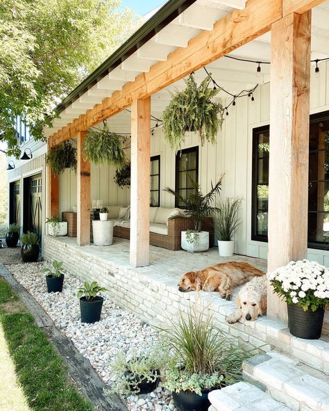 Who wants summer to slow down? 🙋🏽‍♀️ How is it almost the end of July?! | Instagram Front Doors For Barndominium, Brick Porch, Bear Island, House Front Porch, Porch Sitting, Porch Columns, Farmhouse Landscaping, Farmhouse Front Porches, Casa Exterior