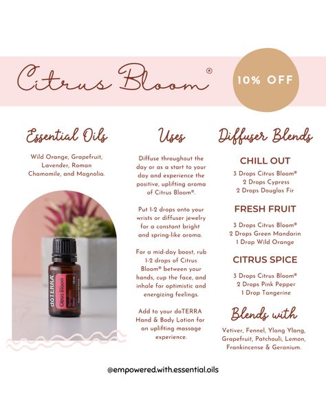 🌸 Citrus Bloom is one of my favourite oils for springtime. Citrus Bloom is a unique combination of the bright citrus and fragrant floral aromas of Wild Orange, Grapefruit, Lavender, Roman Chamomile and Magnolia essential oils. Use Citrus Bloom to create an uplifting environment in your home! TOP USES: ✅ Diffuse Citrus Bloom in the morning or throughout the day to experience a positive, uplifting aroma ✅ Put one to two drops of Citrus Bloom on your wrists or diffuser jewelry for a constantly bri Massage Oil Blends, Roman Chamomile, Wild Orange, Diffuser Jewelry, Oil Uses, Essential Oil Uses, Diffuser Blends, Massage Oil, Oil Blend