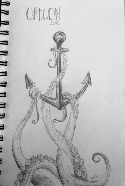 Anchor octopus ocean sketch pencil drawing art Oregon coast Sea Turtle Hatching Drawing, Drawing Of An Octopus, Sea Life Biro Drawing, Kraken Drawing Sea Monsters, Tenticals Reference Drawing, Ocean Theme Drawings, Squid Drawing Simple, Kracken Drawings, Ocean Themed Drawings