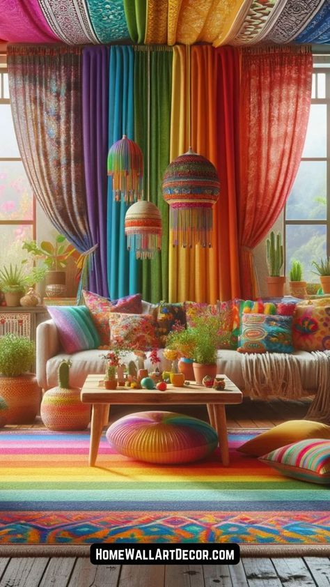 Get inspired to unleash your creativity with these art and craft ideas and tutorials! Tap to see more crafting inspiration. Rainbow Flooring, Rainbow Room Aesthetic, Dark Green Exterior House Colors, Rainbow Living Room, Bohemian Bedroom Decor Moroccan Style, Maximalist Color Palette, Rainbow Interior Design, Rainbow Interior, Green Exterior House Colors