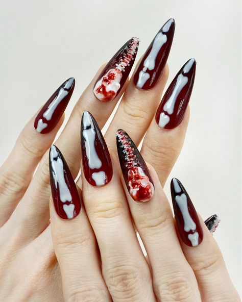 Don't wait any longer—grab your Halloween nail set now and get spooky in style! 🎃💅 -- #donailsart #pressonnails #halloweenails #nails #pressons #nailsdesign #gothic Silent Hill Nails, Saw Nails, Horror Nails Stiletto, Gory Nails Halloween, Halloween Gore Nails, Gore Nails, Vampire Claws Nails, Vampire Nails Gothic Red, Halloween Nails