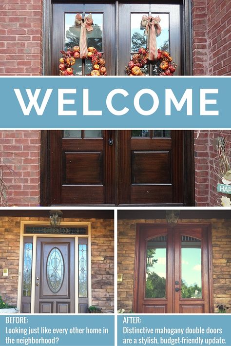 Welcome holiday guests in style with new double entry doors! Replace your existing front door and sidelights with double doors that fit the existing opening. This simple change can give your home a fresh, new look. | Atlanta, Georgia Front Door With Sidelights To Double Door, Replace Front Door With Double Door, Single Door To Double Door Entry Before And After, Replace Front Door With Sidelights, Single To Double Front Door, Single Front Door To Double Doors, Single Door To Double Door Entry, Replacing Glass In Front Door, Front Door Replacement Before And After