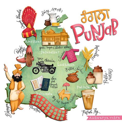 Illustrated Map of Punjab Punjabi Sabhyachar Poster, Punjabi Project File, Punjabi Culture Drawing, Vriddhi Patwa, Indian Illustration Culture, India Map Illustration, Punjab Map Logo, Punjab Illustration, Punjabi Culture Art