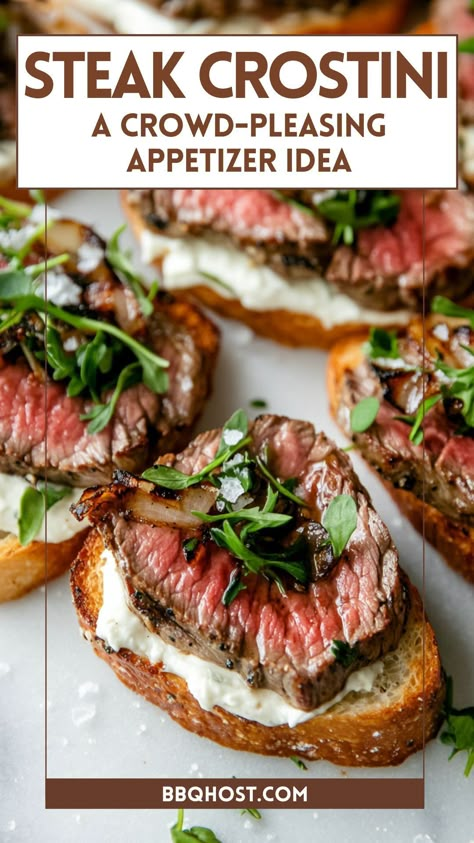 Steak crostini is the perfect appetizer for any occasion, but what makes this recipe stand out? With a blend of savory, sweet, and tangy flavors, it’s sure to impress! Whether you’re making steak crostini appetizers or pairing with gourmet steak, this recipe will upgrade your next event. Save this pin and visit for more! Steak Toast Appetizer, Best Entertaining Meals, Catering Meals Ideas, Steak And Burrata Crostini, Wine Finger Food, Prime Rib Appetizer Parties, Dinner Party Canapes, Pre Made Appetizers For Party, Steak And Boursin Cheese Crostini