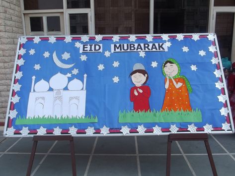 Board decoration on ID festival celebration Eid Mubarak Board Decoration, Eid Festival Celebration, Board Decoration Ideas, School Board Decoration, Eid Festival, Bulletin Board Decor, Board Decoration, Festival Celebration, School Board