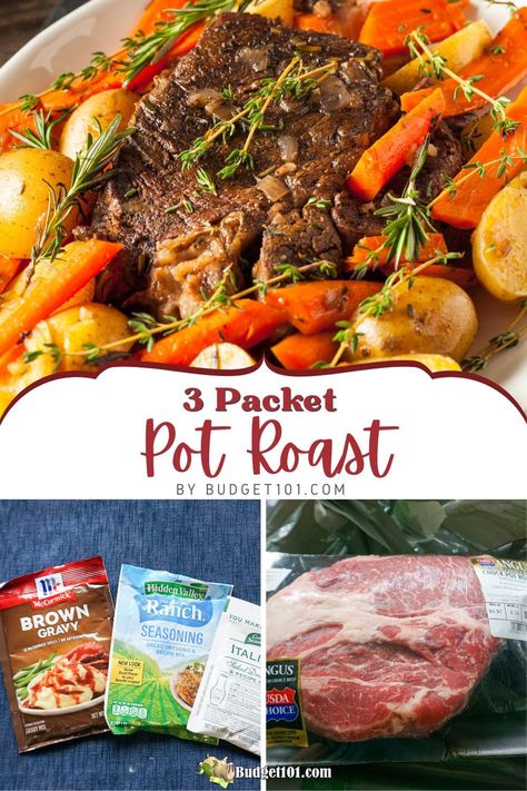 3 Packet Pot Roast 3 Packet Pot Roast: Mix ranch, gravy, and Italian seasoning with beef broth for an easy, succulent roast in Crockpot, Instant Pot, or oven. #Budget101 The Best Pot Roast On The Planet, Roast With Veggies Crockpot, Crockpot Roast Au Jus Gravy, Ranch Seasoning Pot Roast, Pot Roast Italian Seasoning, Pot Roast Ranch Italian Brown Gravy, Easy Roast Dinner, Ranch Italian Brown Gravy Roast, Pot Roast In A Roaster Oven