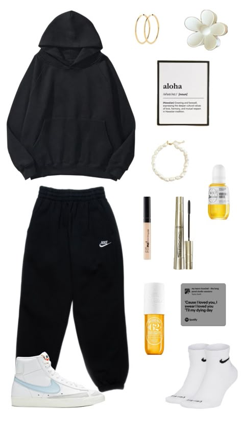 Sweatpants, black sweatpants, black hoodie, sdj 62 perfume, light makeup, Nike blazers Comfy School Outfits Lazy Days, School Trip Outfit, Lazy School Outfit, School Outfits Lazy, Comfy School Outfits, Comfortable Winter Outfits, Outfits Lazy, Trip Outfits, Pinterest Outfits