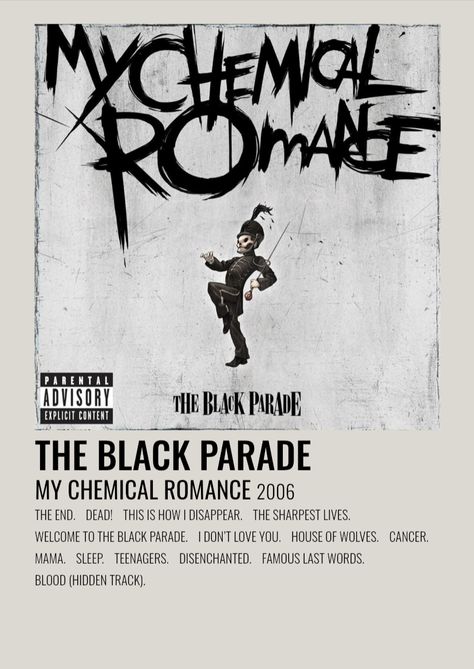 Black Parade Album, My Chemical Romance Songs, My Chemical Romance Poster, Minimalist Album Poster, My Chemical Romance Wallpaper, Alt Posters, The Black Parade, Music Poster Ideas, Punk Poster