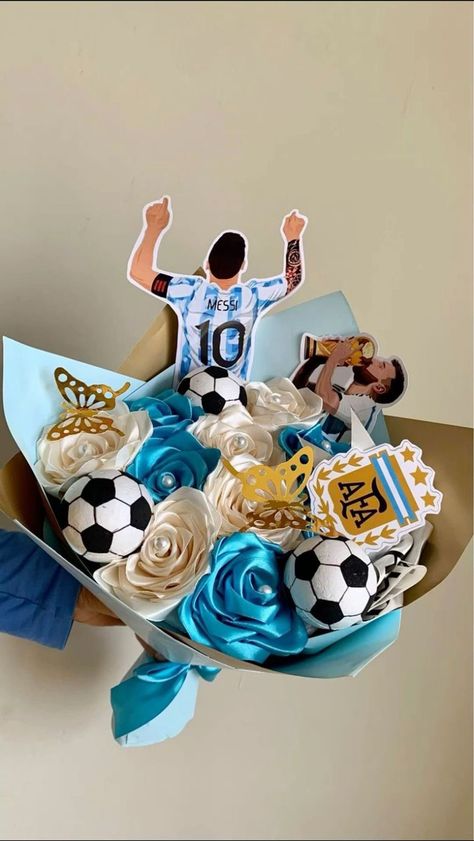 Messi Gifts For Boyfriend, Soccer Flower Bouquet, Messi Bouquet, Soccer Bouquet, Messi Gift Ideas, Boyfriends Birthday Ideas, Ribbon Rose Bouquets, Roses Bouquet Gift, Ribbon Flowers Bouquet