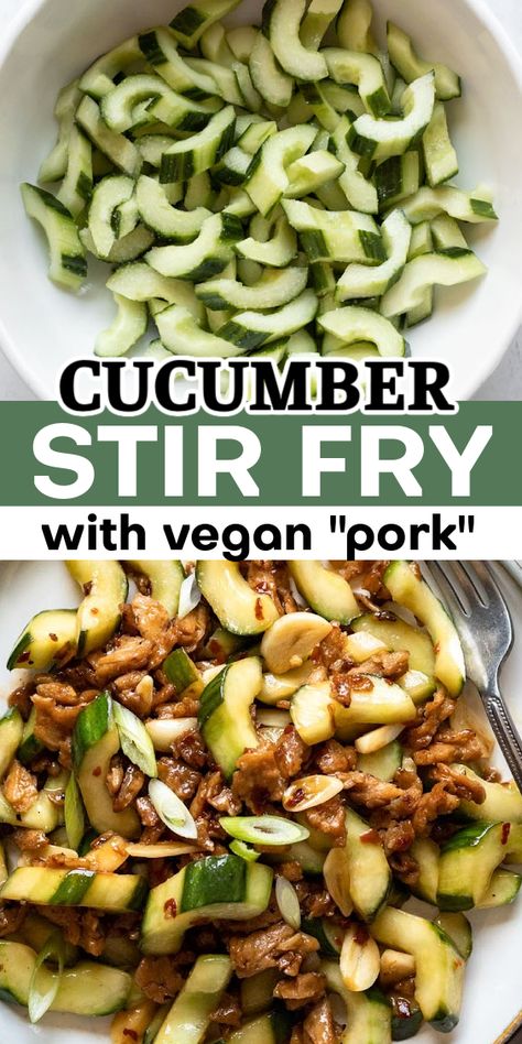 Cooked cucumber might sound unusual, but stir frying is actually a great way to enjoy this crunchy veggie! Paired with a savory sauce, stir fried cucumber is a delicious side dish. I'll also show you how to make a quick and easy vegan "pork" to take this dish to the next level. Enjoy as a low-carb vegan meal or over rice or noodles. Fried Cucumbers, Vegan Pork, Vegan Cucumber, Cooked Cucumber, Tofu Pasta, Vegan Entrees, Vegan Asian Recipes, Soy Curls, Vegan Party Food