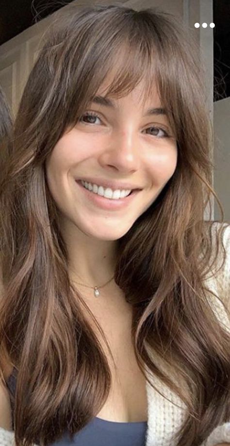 Brunette Layers With Bangs, Long Haircuts With Bangs Oval Face, Brown Hair Bangs Layers, A Shape Bangs, Whispy Front Bangs Brunette, Front Haircut For Long Hair Oval Face, Fringe Bangs Oval Face, Long Brown Hair With Bangs Round Face, Fall Hair Styles 2023 Medium