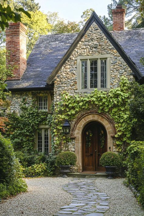 24 Dream Cottage Houses to Add to Your Vision Board English Cottage Home Exterior, Stone Wall Cottage, Farm Cottage Aesthetic, Storybook Home Exterior, Storybook Mansion, Vine Covered House, Cottage With Vines, English Country House Exterior, Irish Cottage Exterior